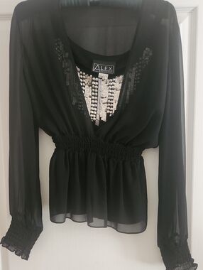 Alex Evenings Black Sheer Long-Sleeve Blouse with Sequin Detail